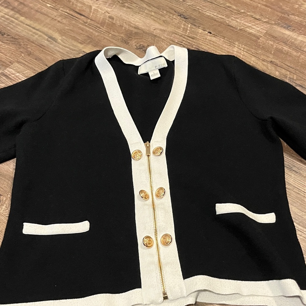 Elegant Black and Cream Cardigan with Gold Buttons
